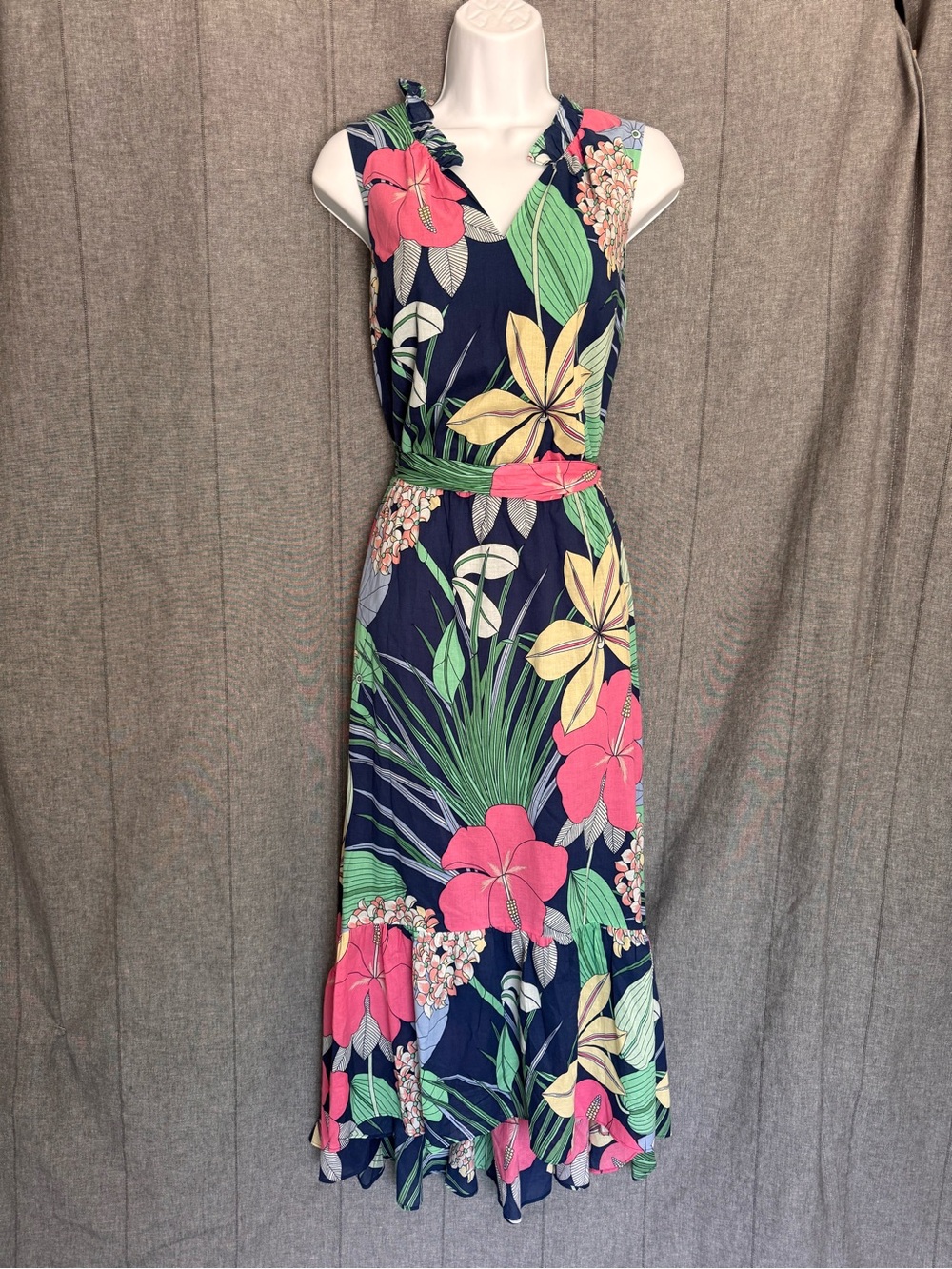 Women $169 Talbots Voile Hibiscus Maxi Dress Belted Blue Floral Cotton Sz 6